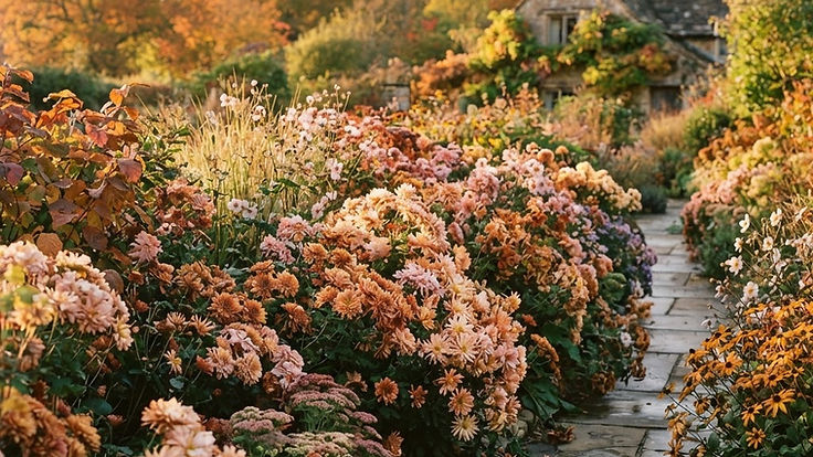 Autumn cottage garden border full of heirloom chrysanthemums in bronze, apricot, pink and soft yellow in golden light