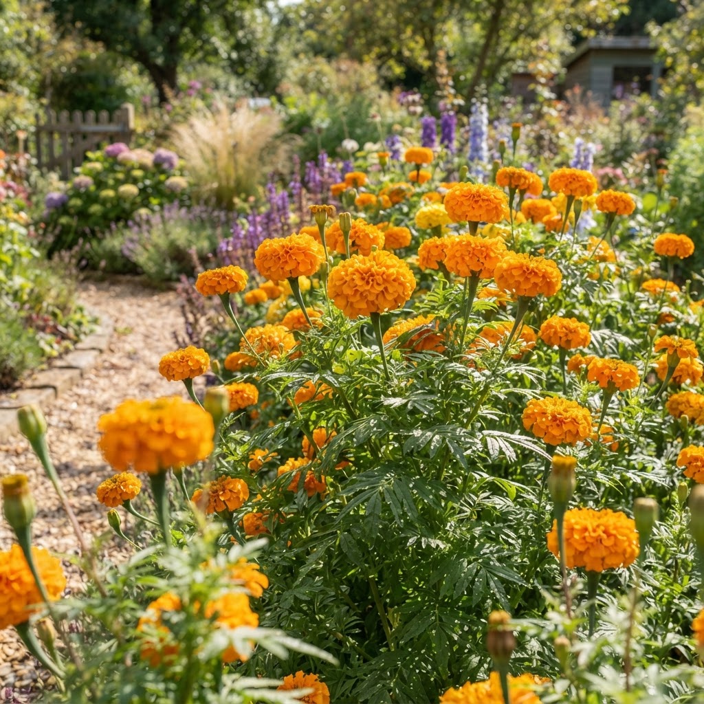 Tall African marigolds with large bright orange pompon flowers in a summer garden