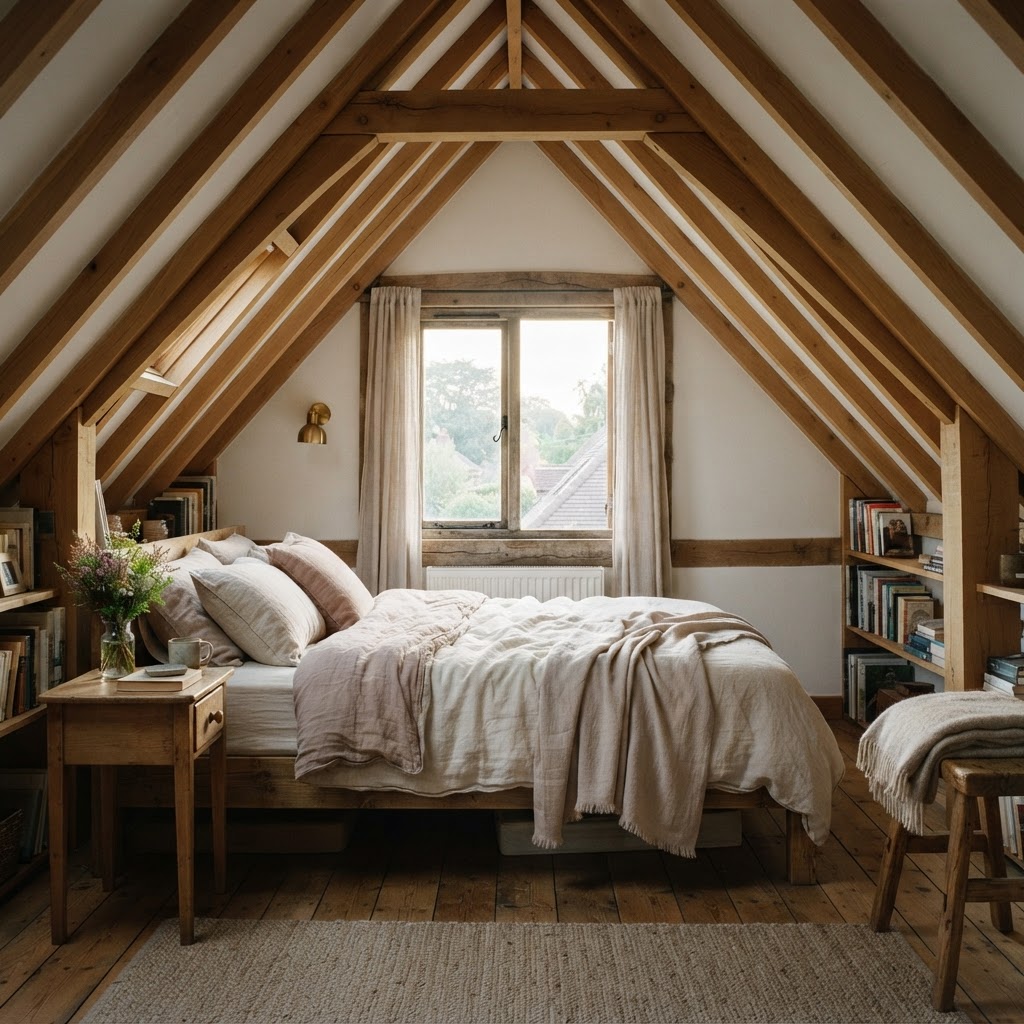 Cosy attic bedroom with exposed beams lit by a window in the gable end