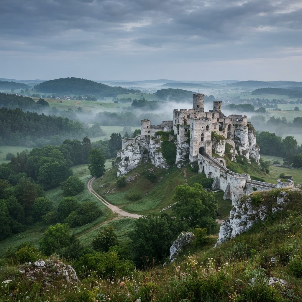 Romantic white limestone castle ruins on a rocky outcrop above misty green countryside at dawn, with a winding path leading up through the trees