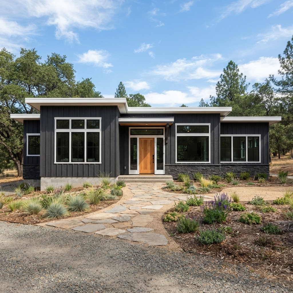 Modern dark charcoal gray house with vertical siding, crisp white window trim and white fascia, a natural wood front door and a stone path through low grasses