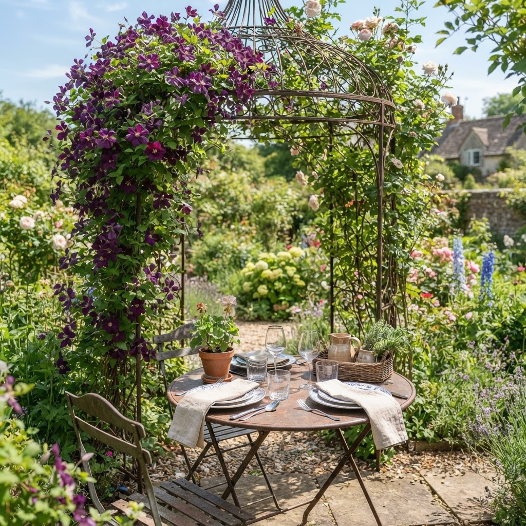 Metal garden structure covered in purple clematis over a bistro table set for lunch