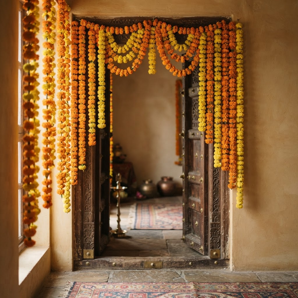 Strings of orange and yellow marigold garlands hanging in a doorway