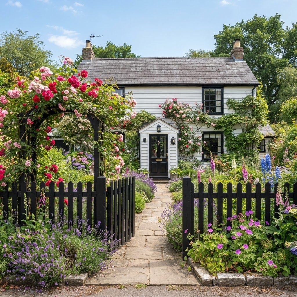 White cottage with black window trim and a black front door behind a black picket fence and gate, with climbing roses and a cottage garden of lavender and delphiniums
