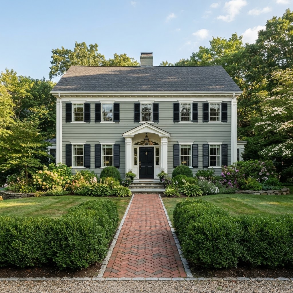 Gray green colonial house with black shutters, a black front door, white trim and clipped boxwood hedges along a herringbone brick path