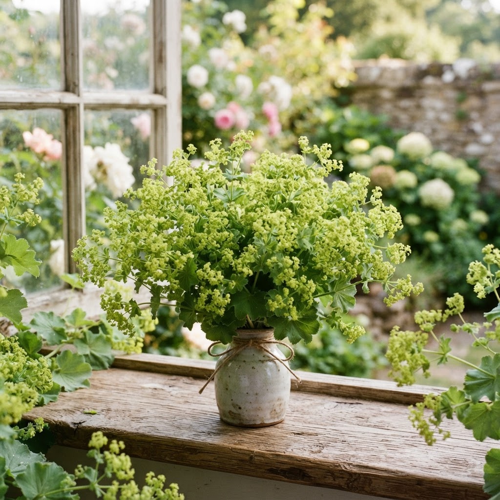 Acid green lady's mantle flowers and scalloped leaves filling a small summer posy