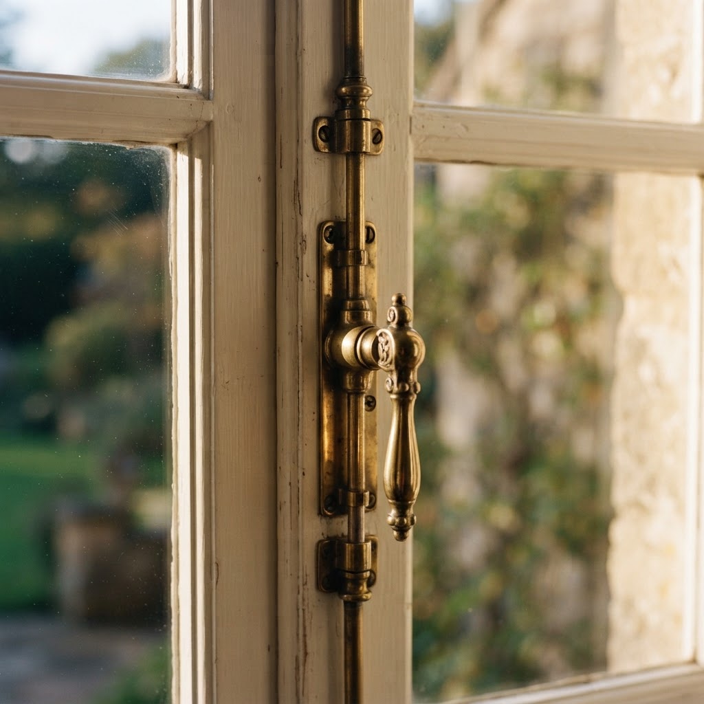 Close-up of a brass espagnolette bolt handle on painted French casement windows