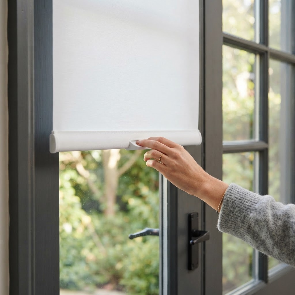 Hand pulling down a cordless white roller blind on a glass door