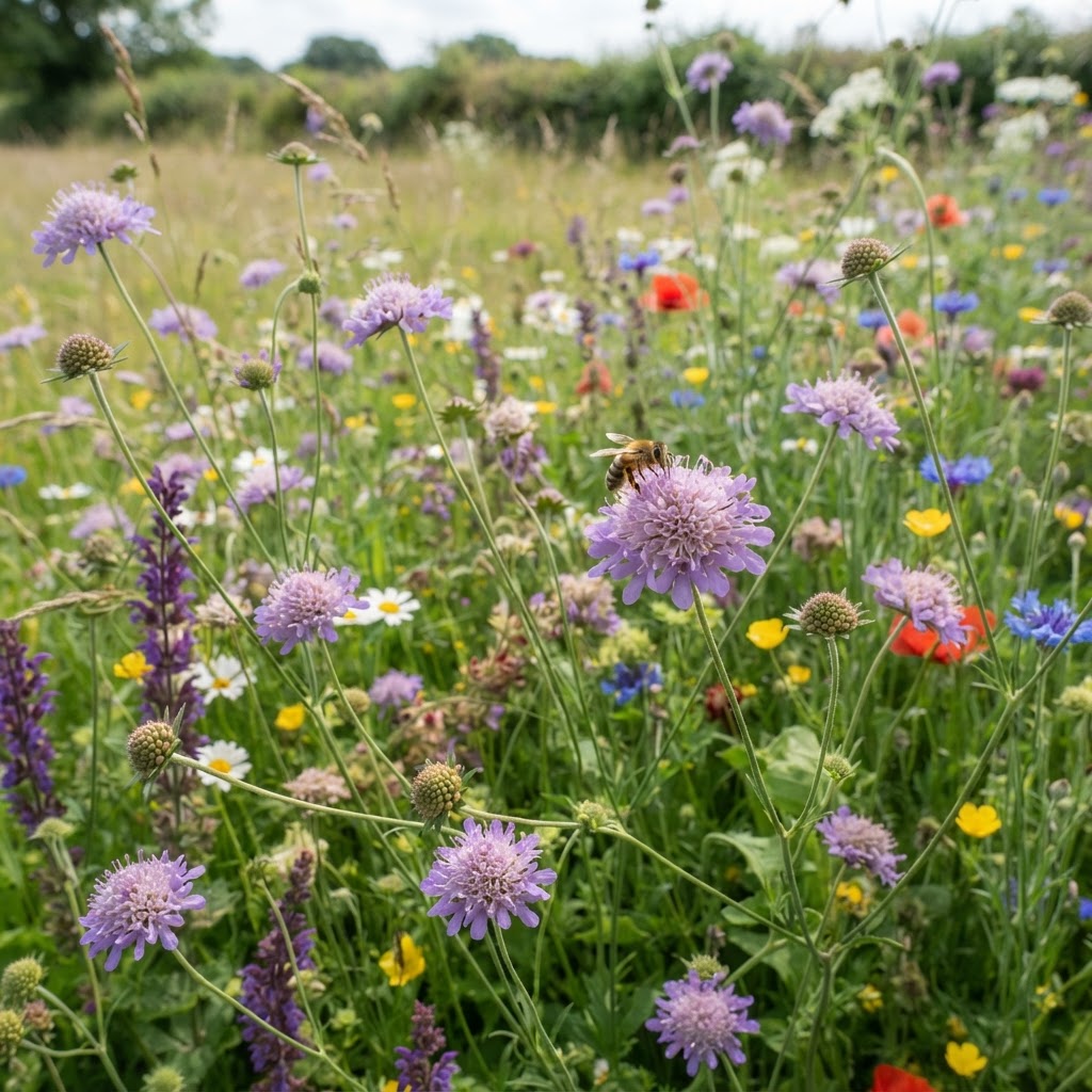 Lilac scabious pincushion flowers among wildflowers in a summer meadow