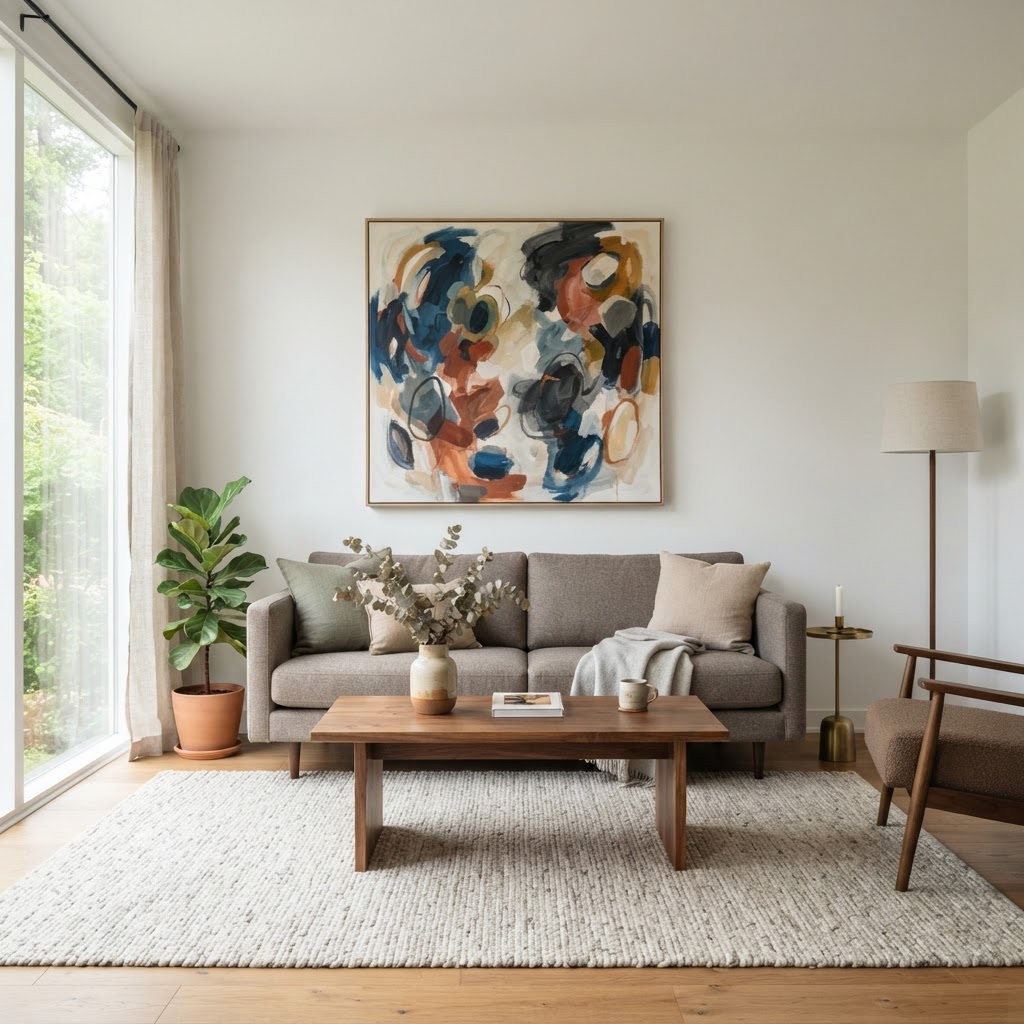 Living room with clean white walls, a large colourful abstract painting, a warm gray sofa, a walnut coffee table, a wool rug and a tall window