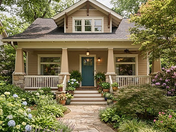 Tan Craftsman-style house with a deep teal front door, white trim, a porch and colourful planting