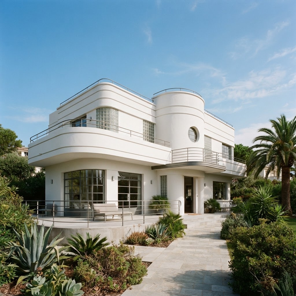 Streamline Moderne house with curved corners, white render, a porthole window and a flat roof