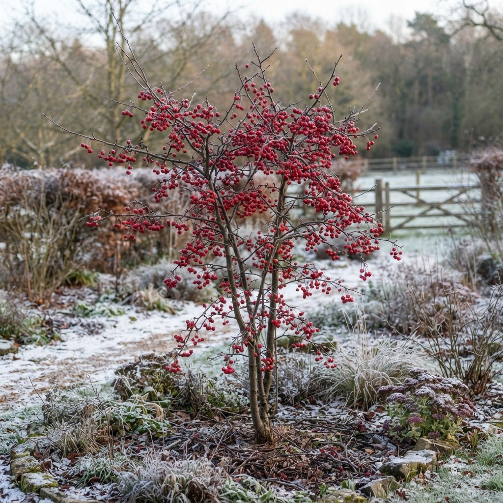 Small crabapple tree covered in tiny bright red apples in a frosty winter garden after the leaves have fallen