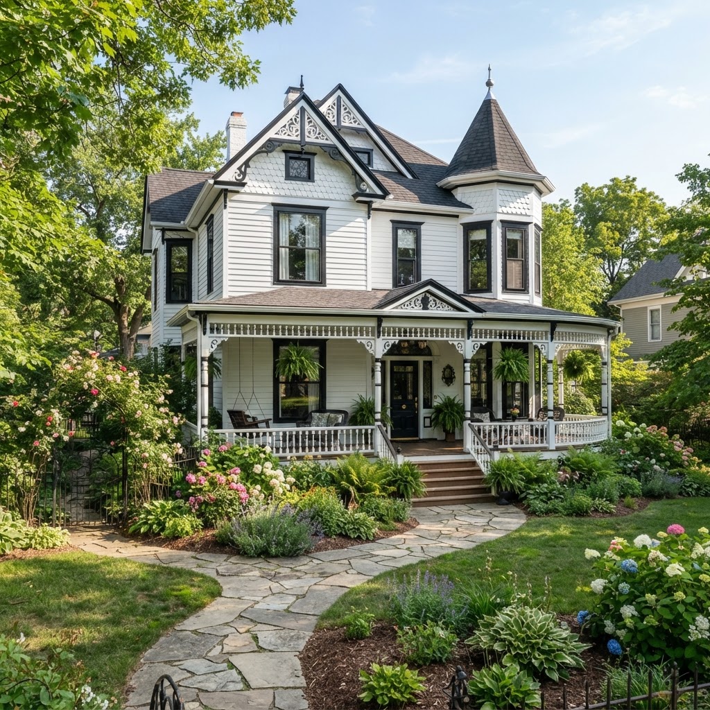 White Victorian house with a turret, black window frames and trim details, a wraparound porch and a winding stone path through a lush garden