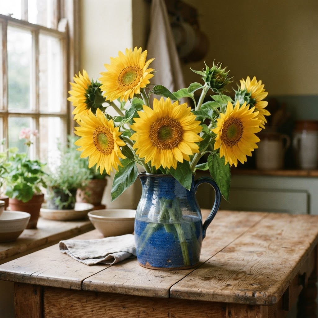 Sunflowers in a heavy blue stoneware jug on a farmhouse kitchen table