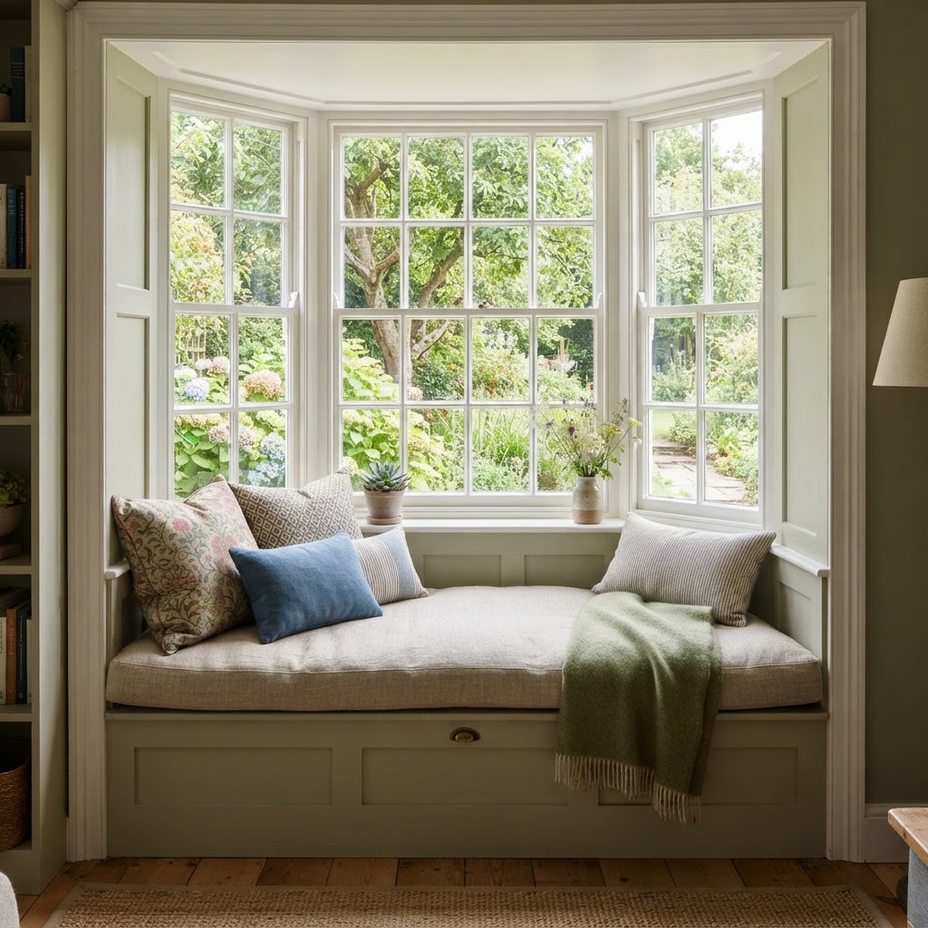 Deep window seat with cushions framed by painted window trim
