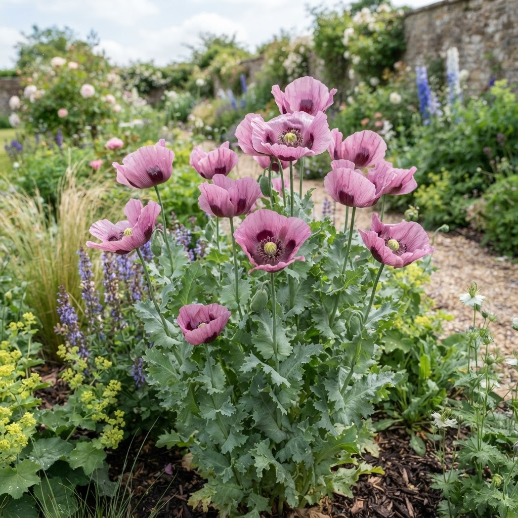 Large mauve breadseed poppies with dark centres and grey green leaves in a garden bed