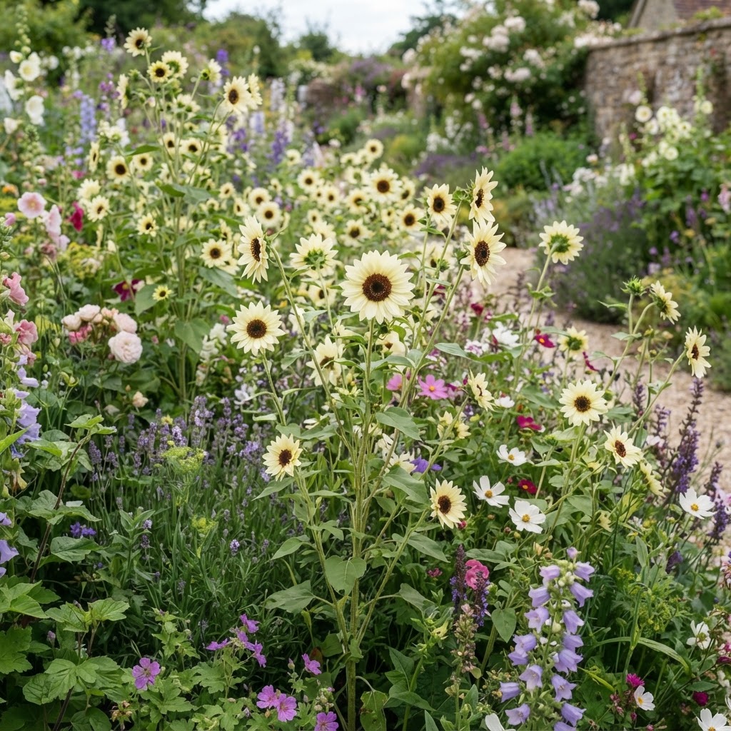 Creamy white Italian White sunflowers with dark centres in a cottage garden