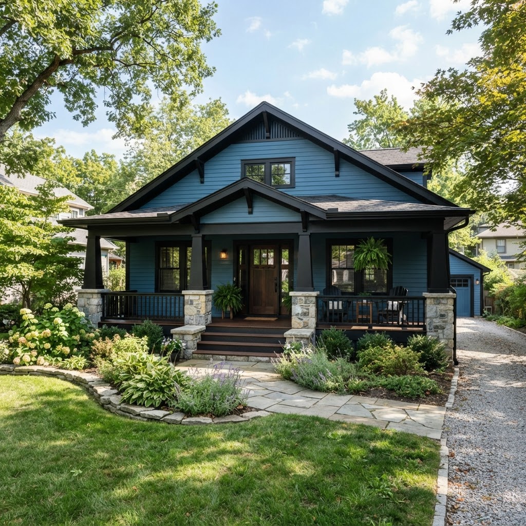 Blue craftsman bungalow with black trim, black porch railings, tapered columns on stone bases, a wide covered porch and a stone path across the lawn