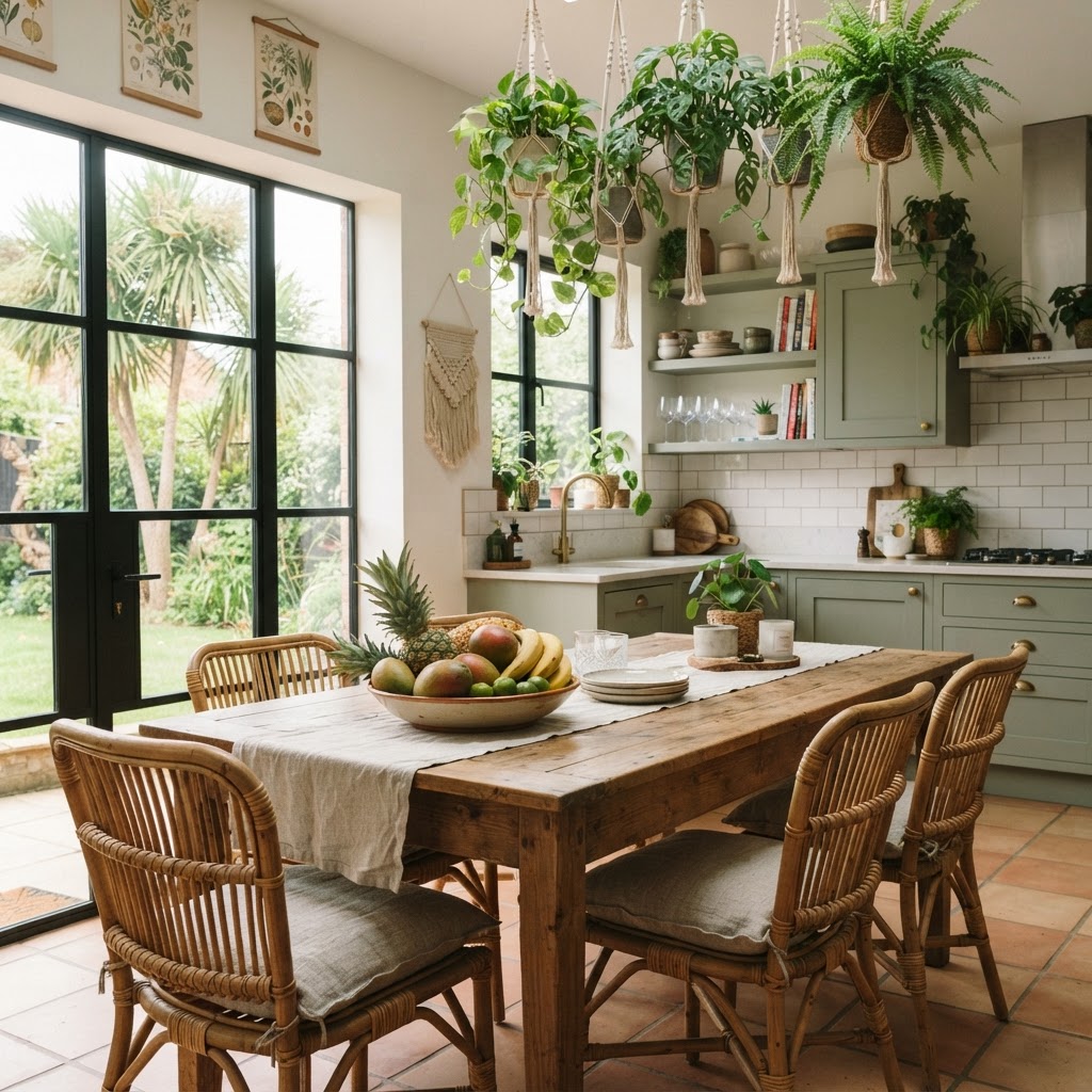 Kitchen dining area with rattan chairs around a wooden table, a bowl of pineapples and mangoes and hanging plants