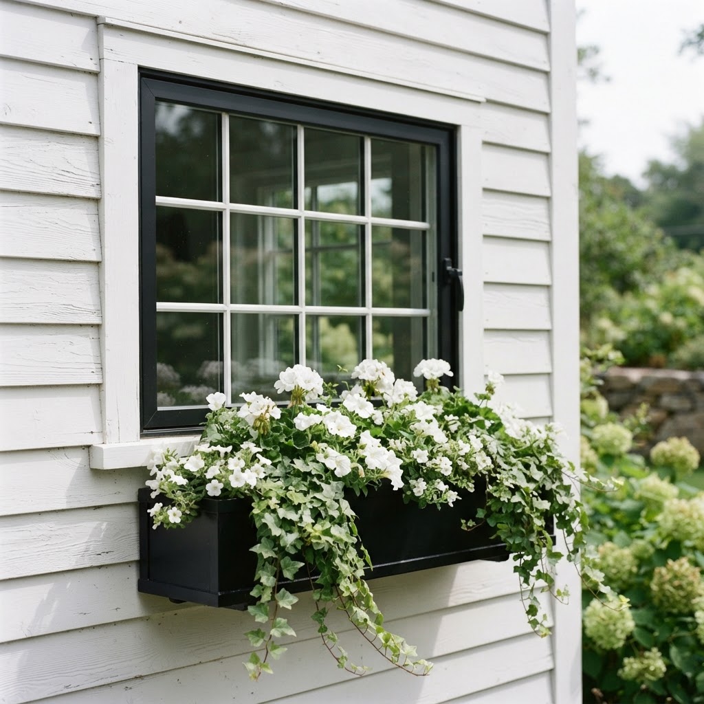 Close-up of a black-framed window in white clapboard siding with a black window box overflowing with white flowers and trailing ivy
