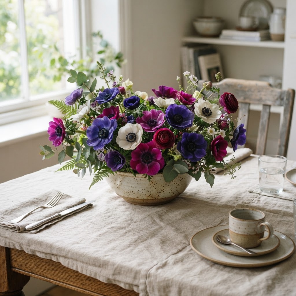 Low ceramic bowl of mixed anemones as a dining table centrepiece