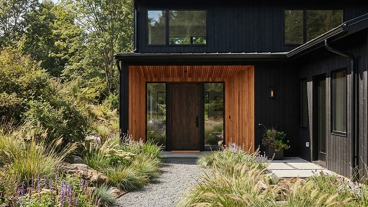 Modern black house with vertical black siding, black window frames and a warm cedar-clad entrance with a wooden front door, reached by a gravel path through ornamental grasses