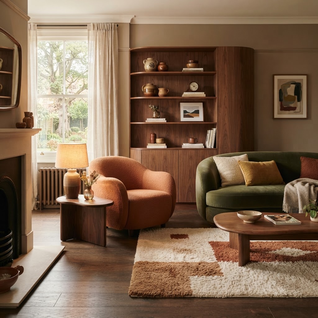 Modern living room inspired by the 1940s with rounded furniture and warm wood