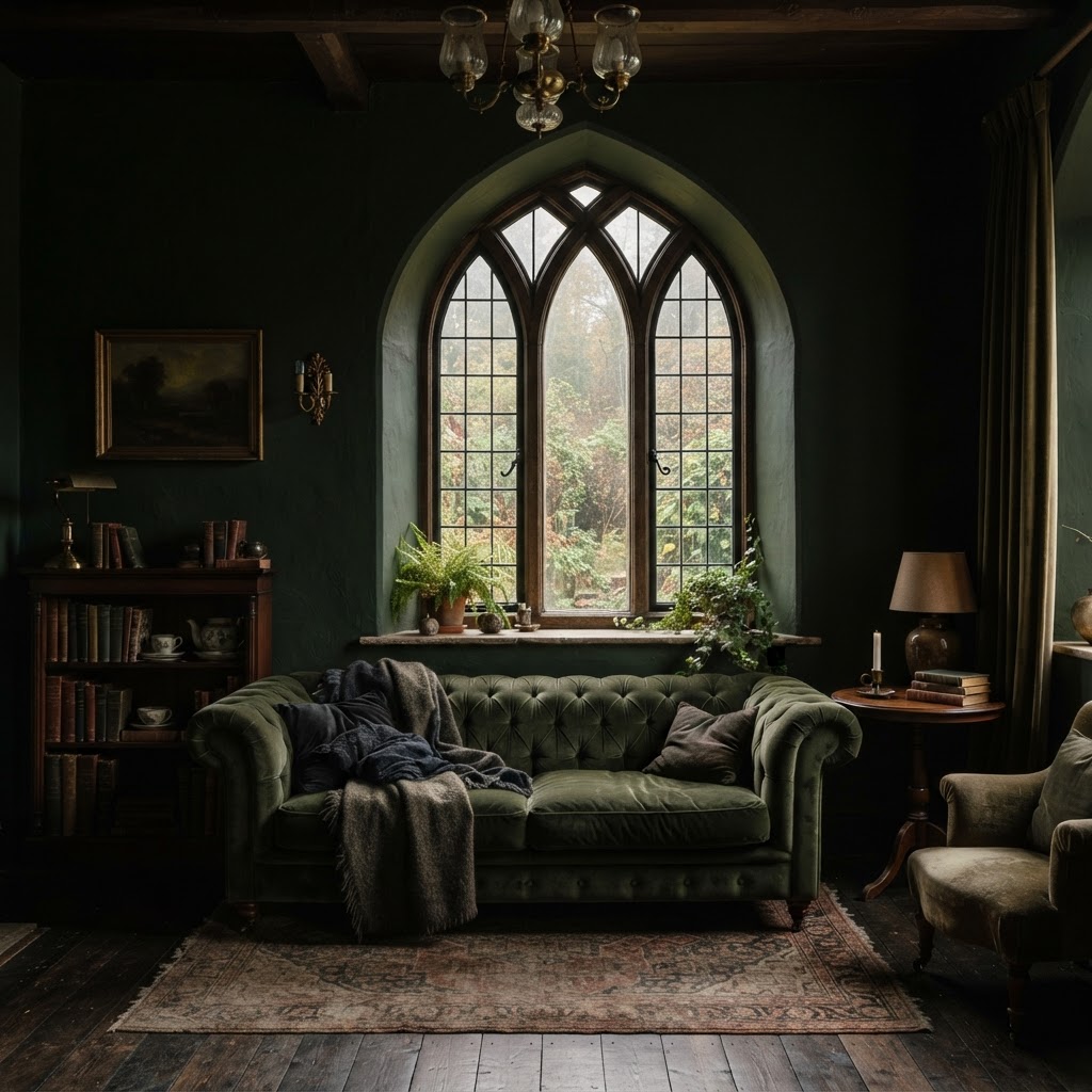 Moody living room with a tall pointed-arch window, dark green walls and a velvet sofa