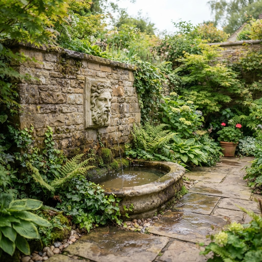 Stone wall fountain with a carved mask spout pouring water into a basin in a courtyard garden