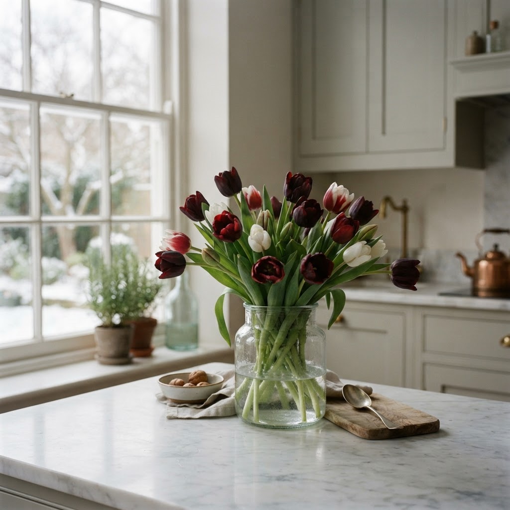Dark red and white tulips arranged loosely in a clear glass vase on a marble kitchen counter in winter