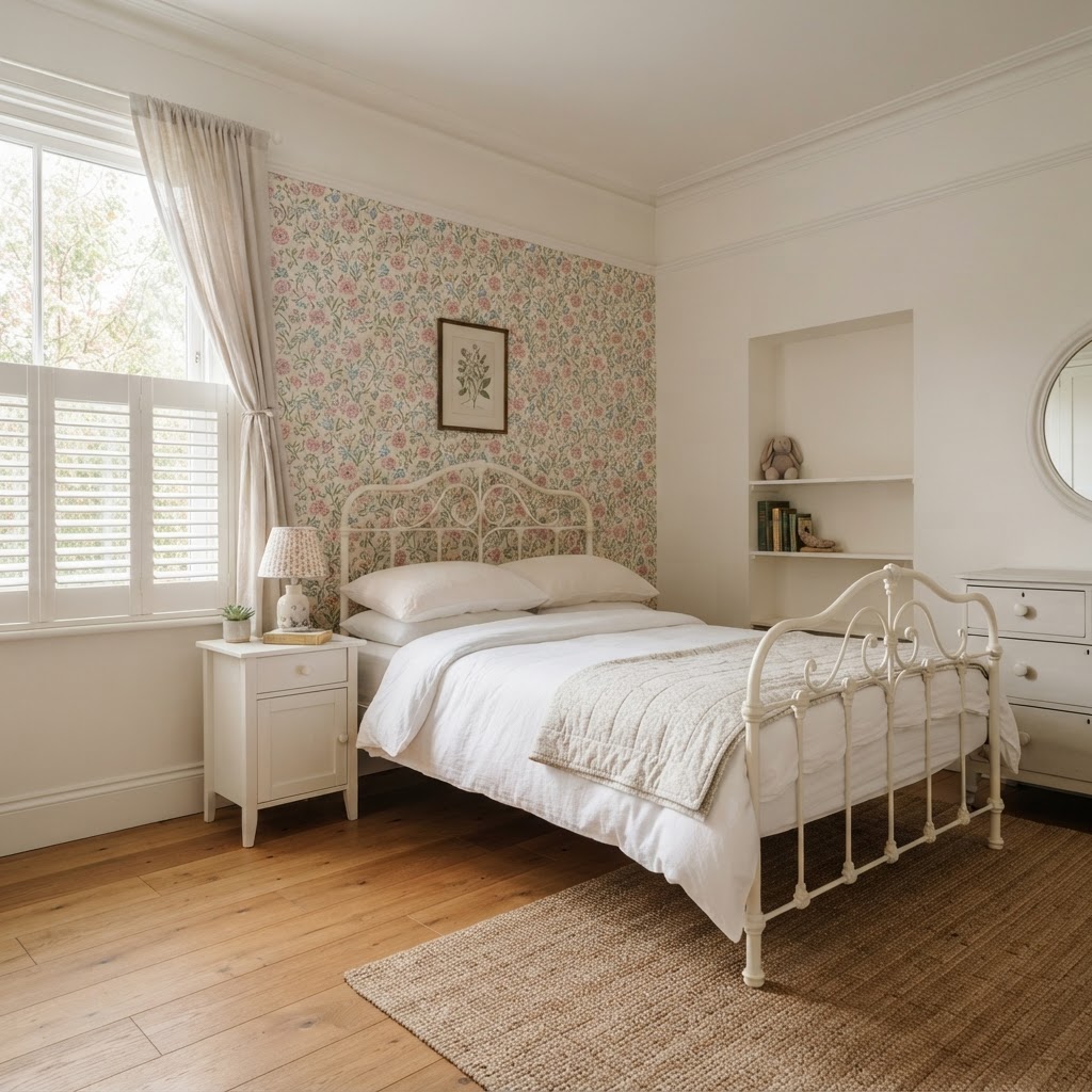 Floral wallpaper feature wall behind a white iron bed