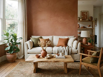 Terracotta living room with limewashed terracotta walls, a cream linen sofa with rust and olive cushions, a rustic wood coffee table and terracotta ceramics