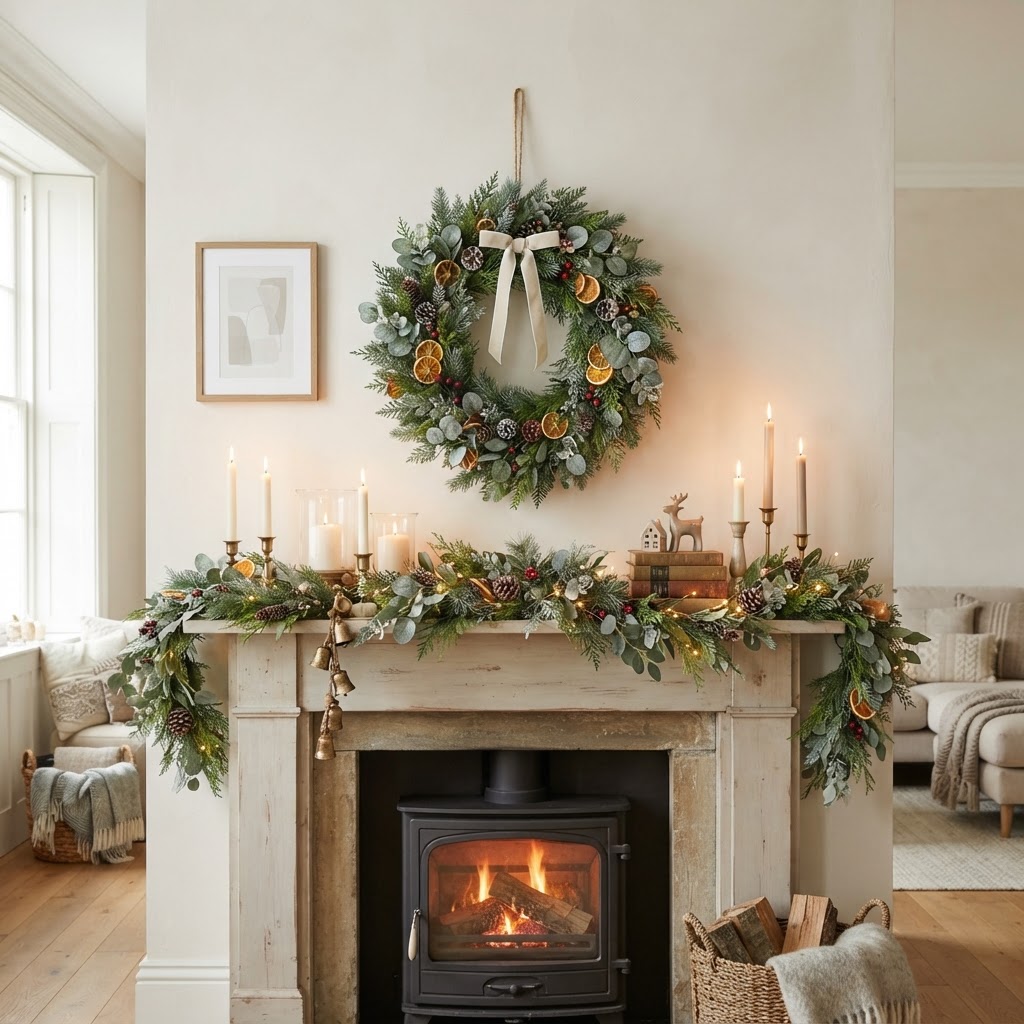 Christmas wreath with eucalyptus, dried oranges and a cream ribbon hanging above a mantel dressed with a greenery garland, candles and a lit wood burner