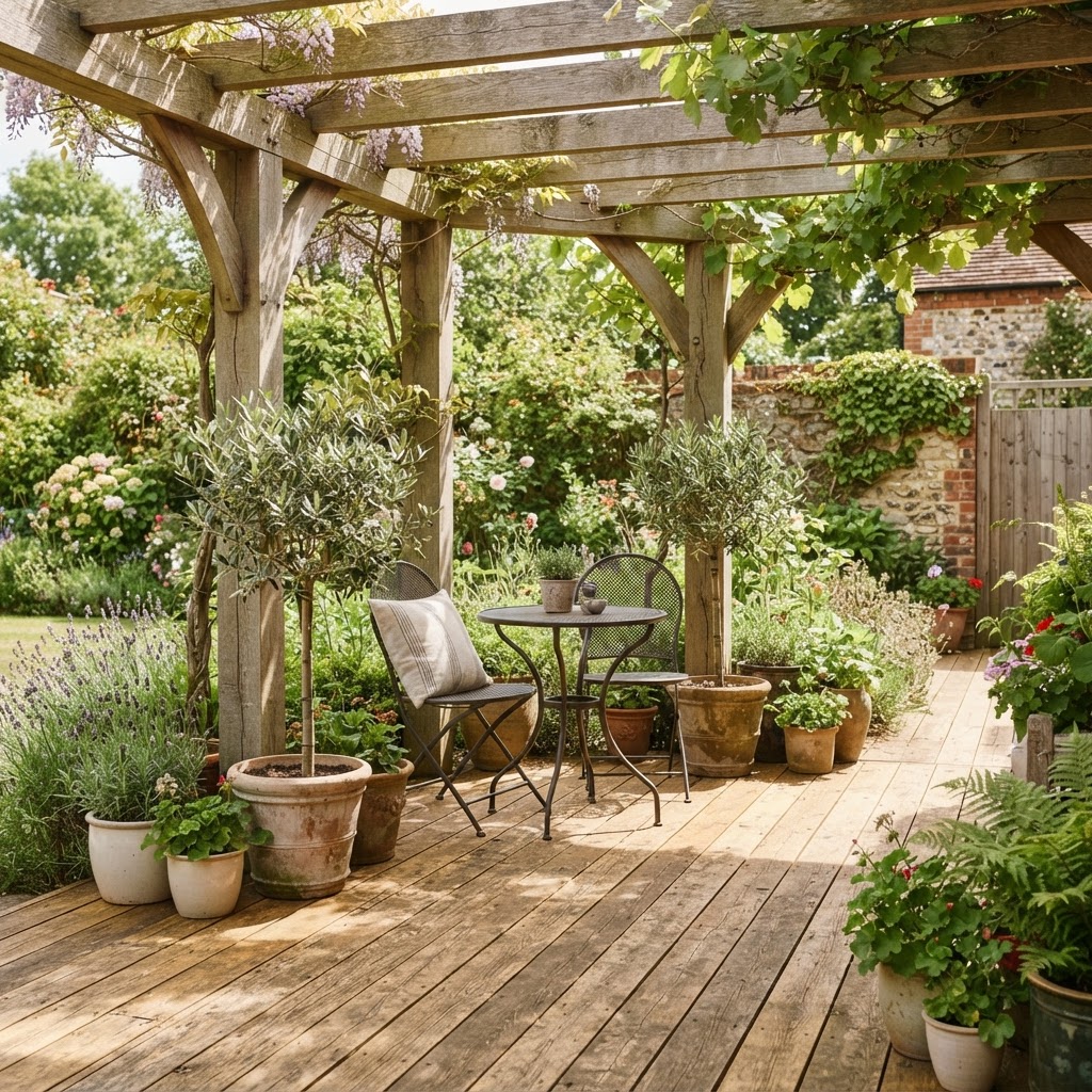 Pergola over a decked patio with potted olive trees and a bistro set