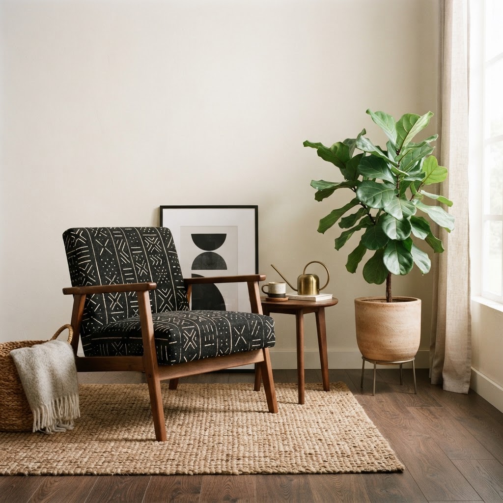Accent chair upholstered in black and white mudcloth beside a fiddle leaf fig
