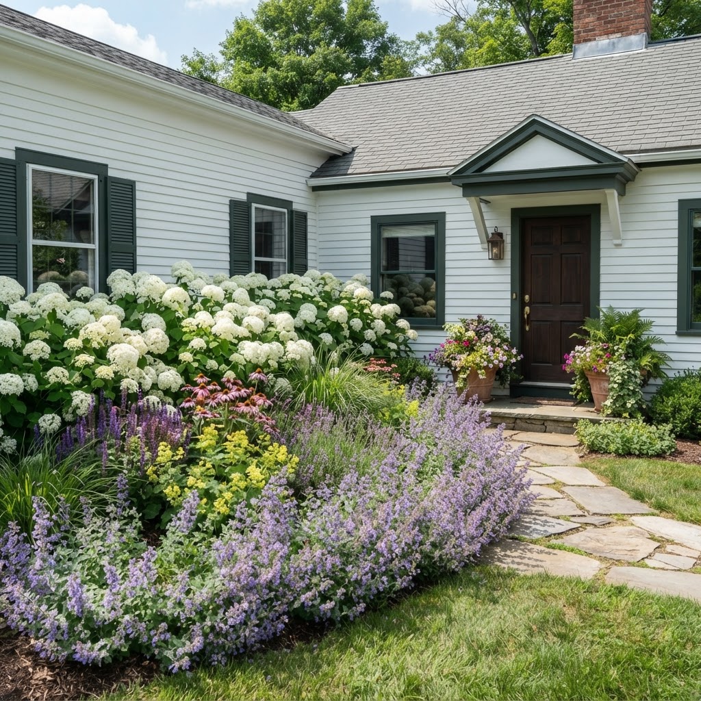 Layered planting in front of a white house with white hydrangeas at the back, mixed perennials in the middle, catmint at the front and planted pots by the door