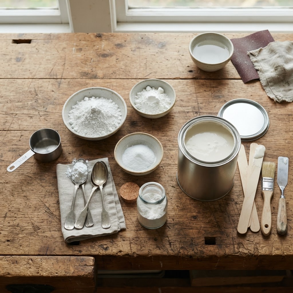 Homemade chalk paint ingredients on a wooden workbench: white powders, a tin of paint, measuring cups, spoons and stir sticks