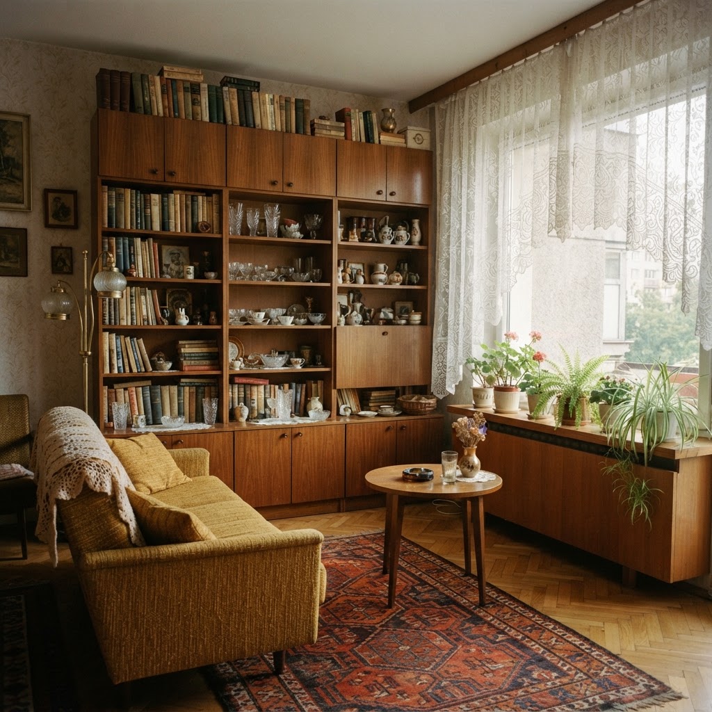 1970s Eastern European flat with a large wooden wall unit, a patterned rug, lace curtains and houseplants