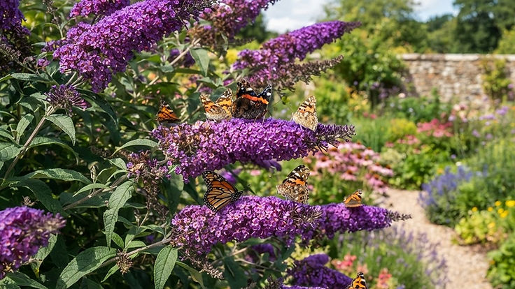 Large purple butterfly bush in full bloom with butterflies on its long flower spikes in a sunny summer garden