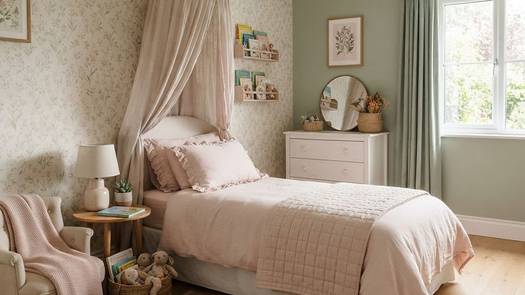 Girl's bedroom in blush pink and sage green with a linen bed canopy and floral wallpaper