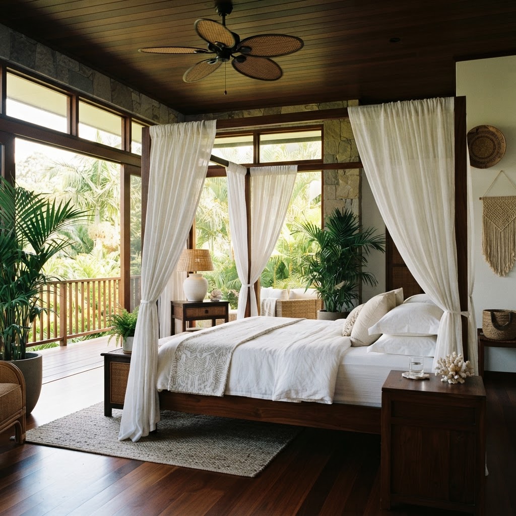 Bedroom with a dark wood four-poster bed draped in white linen, palms in pots and a ceiling fan