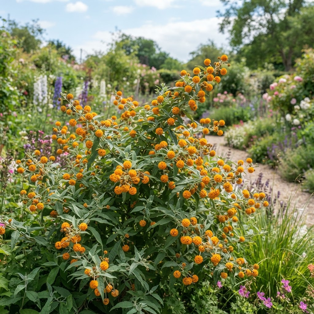 Orange ball tree shrub with bright orange spherical flowers in early summer