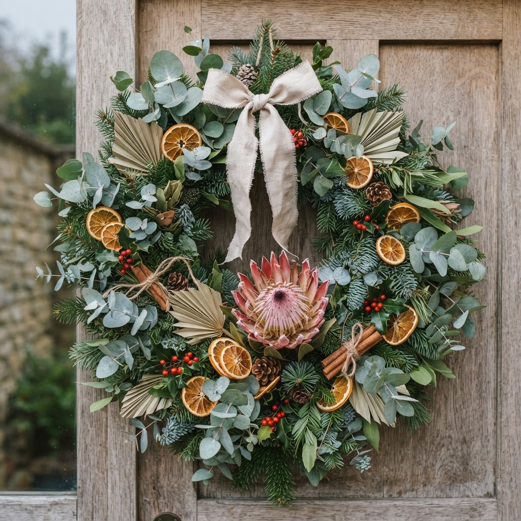 Christmas wreath of eucalyptus and pine with dried orange slices, a protea and small palm leaves