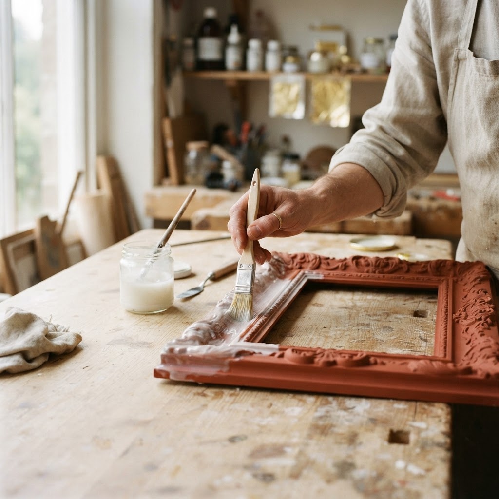 DURING: a hand brushing a thin layer of milky white gilding size onto the terracotta red painted carved wooden frame, with a jar of size on the workbench