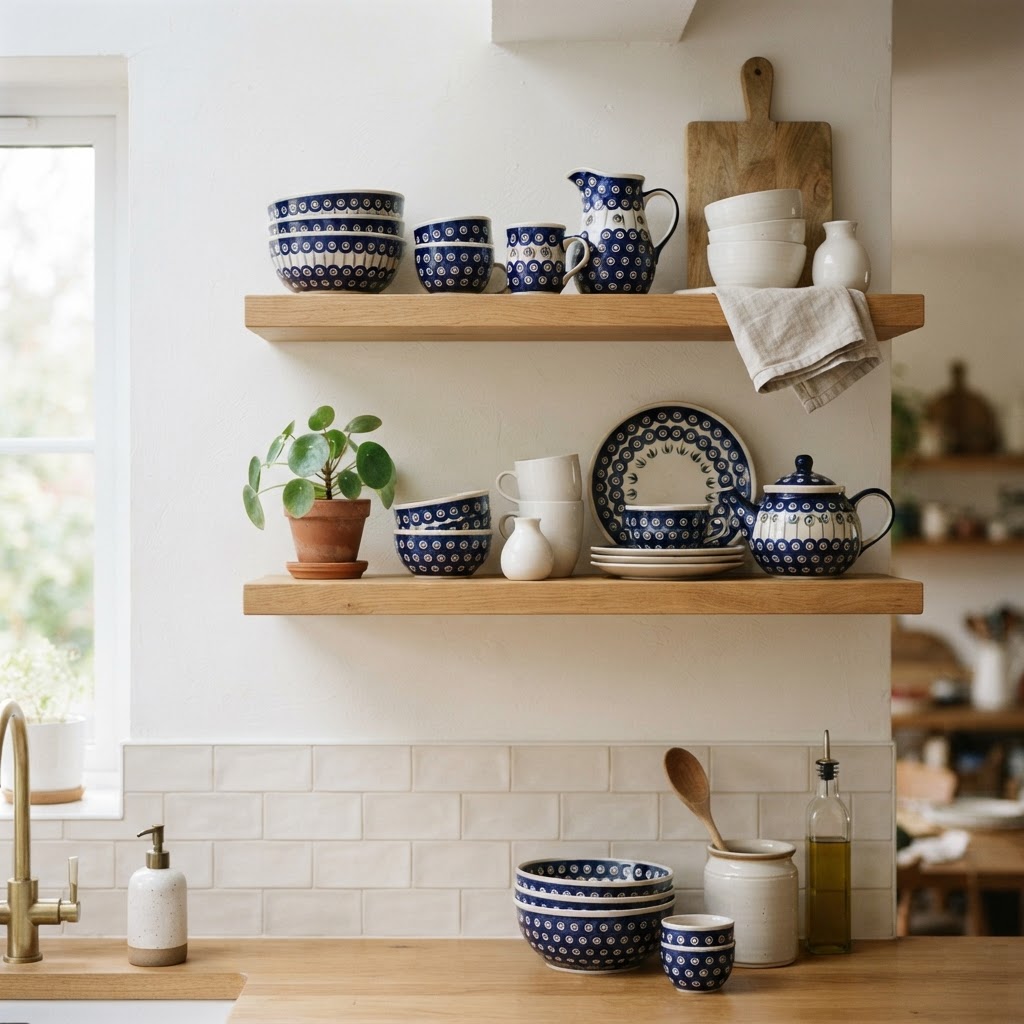 Light modern kitchen with white walls, white metro tiles and oak open shelves styled with cobalt blue and white peacock eye Polish stoneware bowls, mugs, a pitcher, a teapot and plates mixed with plain white ceramics, a potted plant and a wooden chopping board