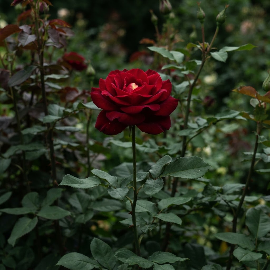 Velvety deep red Mister Lincoln hybrid tea rose on a long stem
