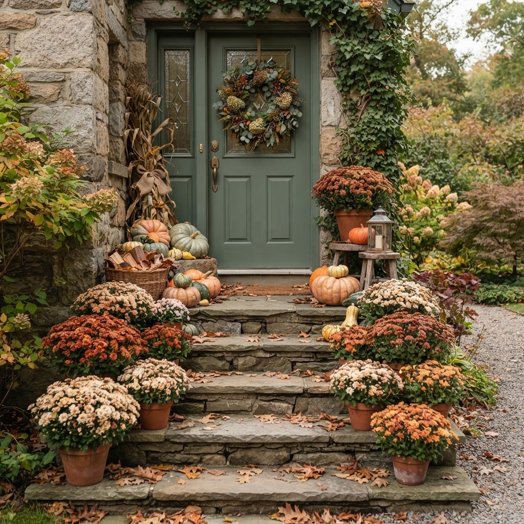 Potted chrysanthemums in rust, bronze and cream on stone front steps beside a front door with pumpkins in autumn