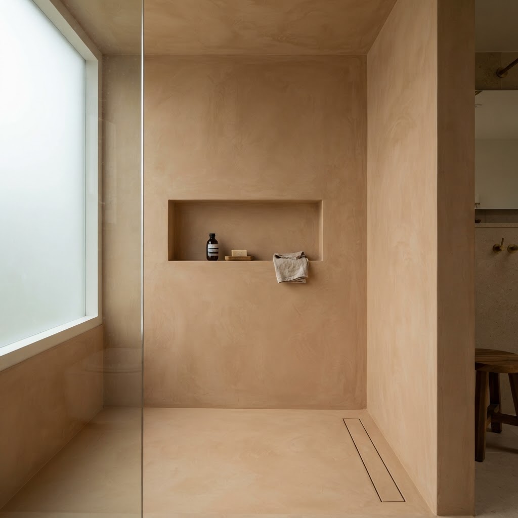 Walk-in shower finished in seamless warm clay microcement with a built-in niche