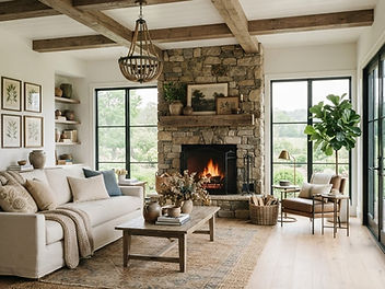 Modern farmhouse living room with rustic faux oak beams across a white ceiling, a linen sofa, a stone fireplace and large windows in soft daylight